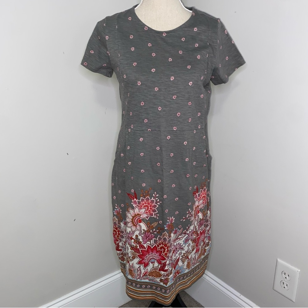 J Jill gray & pink floral border short sleeve slub knit dress POCKETS size Small